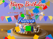 Happy Birthday Frances GIF: Happy Birthday Cake GIF with a cat, lamb, and squirrel on the cake with flickering candles, a sparkler, and falling confetti. Reads Happy Birthday Name and you can customize the name