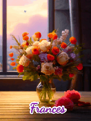 Happy Birthday Frances GIF: A vase of flowers and animated hearts pop in and out as the words Happy Birthday Name appears that you can customize
