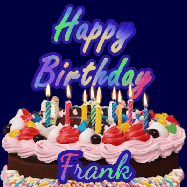Happy Birthday Frank GIF: A dark blue birthday gif with a beautiful cake with flickering candles, background sparkles and a name to customize.