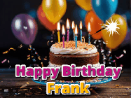 Happy Birthday Frank GIF: A birthday cake with flickering candles gif with text reading Happy Birthday and a Name slot to customize