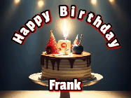 Happy Birthday Frank GIF: Animated happy birthday gif with a cake and flickering candles with colorful falling confetti and text reading Happy Birthday