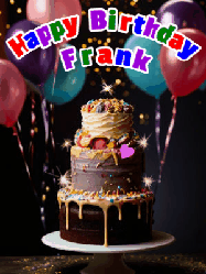 Happy Birthday Frank GIF: Beautiful birthday cake animated gif, a celebration of balloons, confetti, and sparklers. Customize banner and name.