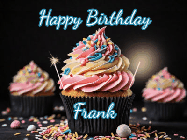 Happy Birthday Frank GIF: A delicious cupcake gif with animated sparkles reading Happy Birthday with a name to customize