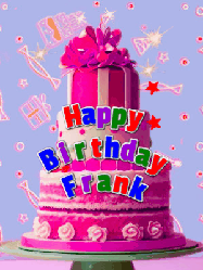 Happy Birthday Frank GIF: A big beautiful birthday cake gif with falling confetti, sparklers, and balloons, reads Happy Birthday Name. Customize it.