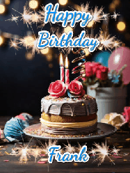 Happy Birthday Frank GIF: Sparkles and glitter happy birthday gif with a cake and flickering candles and sparklers behind the words happy birthday customize
