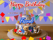 Happy Birthday Frank GIF: Happy Birthday Cake GIF with a cat, lamb, and squirrel on the cake with flickering candles, a sparkler, and falling confetti. Reads Happy Birthday Name and you can customize the name