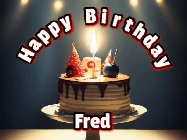 Happy Birthday Fred GIF: Animated happy birthday gif with a cake and flickering candles with colorful falling confetti and text reading Happy Birthday