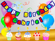 Happy Birthday Gabriel GIF: Animated happy birthday gif with a party balloon background, a row of cupcakes, and birthday banner to customize.