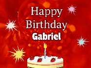 Happy Birthday Gabriel GIF: A bright red happy birthday gif animated with a cake candle, and glitter and sparkles. Customize with name.