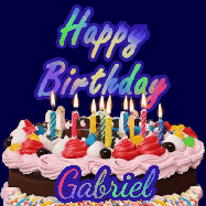 Happy Birthday Gabriel GIF: A dark blue birthday gif with a beautiful cake with flickering candles, background sparkles and a name to customize.