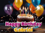 Happy Birthday Gabriel GIF: A birthday cake with flickering candles gif with text reading Happy Birthday and a Name slot to customize