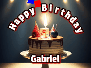 Happy Birthday Gabriel GIF: Animated happy birthday gif with a cake and flickering candles with colorful falling confetti and text reading Happy Birthday