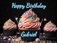 Happy Birthday Gabriel GIF: A delicious cupcake gif with animated sparkles reading Happy Birthday with a name to customize