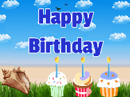 Happy Birthday Gabriel GIF: A beach crab displays the birthday name that you can customize on a beach with cupcakes. Animated, cute, weird.