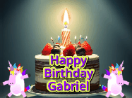 Happy Birthday Gabriel GIF: An animated gif with 2 unicorns and a birthday candle on a cake.