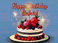 Happy Birthday Gabriel GIF: Animated GIF of a birthday cake covered in berries with 2 sparklers and a candle, reads Happy Birthday Name. Customize it.