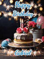 Happy Birthday Gabriel GIF: Sparkles and glitter happy birthday gif with a cake and flickering candles and sparklers behind the words happy birthday customize
