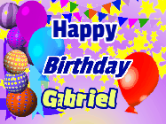 Happy Birthday Gabriel GIF: Animated birthday gif, purples birthday party background, swaying balloons, and animated text you can customize.