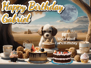 Happy Birthday Gabriel GIF: Animated birthday gif with a dog at a fancy birthday table loaded with cakes as hearts appear. It reads Happy Birthday Customize.