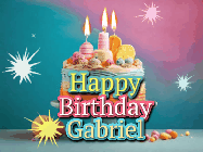 Happy Birthday Gabriel GIF: A colorful animated Happy Birthday Cake GIF with swirling sparkles and flickering candles. It reads Happy Birthday Name