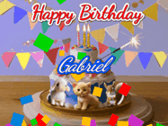 Happy Birthday Gabriel GIF: Happy Birthday Cake GIF with a cat, lamb, and squirrel on the cake with flickering candles, a sparkler, and falling confetti. Reads Happy Birthday Name and you can customize the name