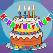 Happy Birthday Gabrielle GIF: Festive birthday cake GIF with name, stars, hearts, and confetti streaking past and flickering candles.