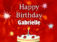 Happy Birthday Gabrielle GIF: A bright red happy birthday gif animated with a cake candle, and glitter and sparkles. Customize with name.