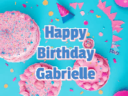 Happy Birthday Gabrielle GIF: Happy birthday animated gif on this beautiful cake background and confetti with flowers, hearts, and stars.