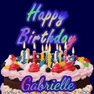 Happy Birthday Gabrielle GIF: A dark blue birthday gif with a beautiful cake with flickering candles, background sparkles and a name to customize.