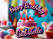 Happy Birthday Gabrielle GIF: A colorful animated birthday gif of a cake and falling stars with a flickering candle. Text reads Happy Birthday and Customize.