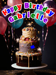 Happy Birthday Gabrielle GIF: Beautiful birthday cake animated gif, a celebration of balloons, confetti, and sparklers. Customize banner and name.