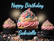 Happy Birthday Gabrielle GIF: A delicious cupcake gif with animated sparkles reading Happy Birthday with a name to customize