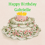 Happy Birthday Gabrielle GIF: A polite looking rabbit with a wiggling tails delivers a birthday gift. Customize the message and name.