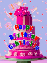 Happy Birthday Gabrielle GIF: A big beautiful birthday cake gif with falling confetti, sparklers, and balloons, reads Happy Birthday Name. Customize it.