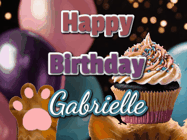 Happy Birthday Gabrielle GIF: Cute Kitten Birthday Cupcake GIF with a cupcake raised by a cats head, then it pulls down text reading Happy Birthday Name