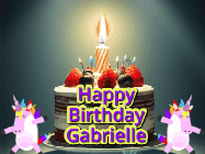 Happy Birthday Gabrielle GIF: An animated gif with 2 unicorns and a birthday candle on a cake.