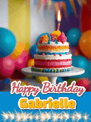 Happy Birthday Gabrielle GIF: A birthday card gif with a cake and candle and a blue ribbon with animated sparklers. Reads Happy Birthday Name