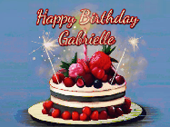 Happy Birthday Gabrielle GIF: Animated GIF of a birthday cake covered in berries with 2 sparklers and a candle, reads Happy Birthday Name. Customize it.
