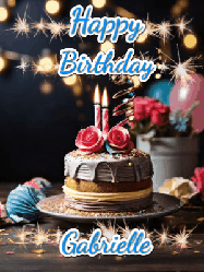 Happy Birthday Gabrielle GIF: Sparkles and glitter happy birthday gif with a cake and flickering candles and sparklers behind the words happy birthday customize