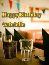 Happy Birthday Gabrielle GIF: Beautiful flower birthday gif of a cute bird visiting a birthday message with animated musical notes and a name you customize.