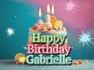 Happy Birthday Gabrielle GIF: A colorful animated Happy Birthday Cake GIF with swirling sparkles and flickering candles. It reads Happy Birthday Name