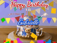 Happy Birthday Gabrielle GIF: Happy Birthday Cake GIF with a cat, lamb, and squirrel on the cake with flickering candles, a sparkler, and falling confetti. Reads Happy Birthday Name and you can customize the name