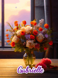 Happy Birthday Gabrielle GIF: A vase of flowers and animated hearts pop in and out as the words Happy Birthday Name appears that you can customize