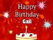 Happy Birthday Gail GIF: A bright red happy birthday gif animated with a cake candle, and glitter and sparkles. Customize with name.