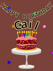 Happy Birthday Gail GIF: Animated birthday gif of a chocolate cartoon cake and stars. Animated text can be customized with name.