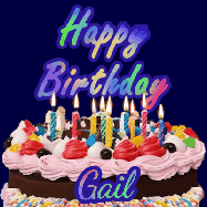 Happy Birthday Gail GIF: A dark blue birthday gif with a beautiful cake with flickering candles, background sparkles and a name to customize.