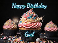 Happy Birthday Gail GIF: A delicious cupcake gif with animated sparkles reading Happy Birthday with a name to customize