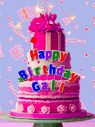 Happy Birthday Gail GIF: A big beautiful birthday cake gif with falling confetti, sparklers, and balloons, reads Happy Birthday Name. Customize it.