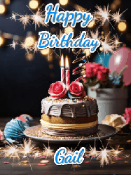 Happy Birthday Gail GIF: Sparkles and glitter happy birthday gif with a cake and flickering candles and sparklers behind the words happy birthday customize