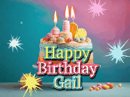 Happy Birthday Gail GIF: A colorful animated Happy Birthday Cake GIF with swirling sparkles and flickering candles. It reads Happy Birthday Name